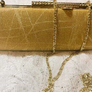 Vintage Gold Metallic Clutch Long Chain Geometric Embossed Like New